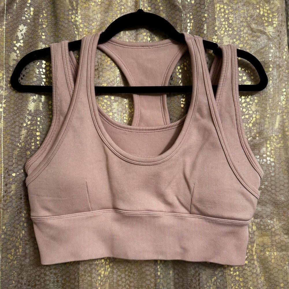 Yogalicious Mauve Pink Stretch Ribbed Double Sports Bra XL